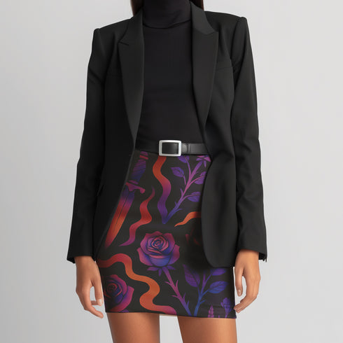 High-waisted mini skirt with dark botanical print featuring violet roses, fiery orange daggers, and swirling ribbon-like accents on a black background. Form-fitting silhouette with stretch eco-poly fabric and elastic waistband. Available in metallic glitter or smooth finish. A bold look for gothic, witchy, or alternative festival fashion.