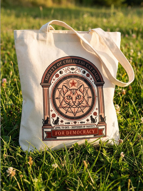 A beige canvas tote bag featuring a vintage-style circular crest design in rust orange and black. The text reads "Society of Childless Cat Dads" in an arch over a central illustration of a tabby cat face inside a geometric star and hexagon symbol. Below the cat, the text reads "Loyal to Cats, Suspicious of Fascists." A banner at the bottom reads "For Democracy." The design features occult and whimsigoth elements like crescent moons, columns, and fish bones.