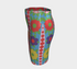 Form-fitting bodycon mini skirt with a mid-rise elastic waistband, falling to mid-thigh in smooth stretch fabric. It features a bold retro patchwork floral print: large mod daisies in red, purple, yellow, and green, set on a sky blue background with scattered green leaves. A central column frames single flowers on purple and pink tiles, edged by red and pink beaded borders. The all-over design is a flat dye-sublimated print, available in a smooth knit or glitter knit finish.