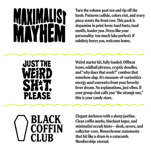 A curated alternative style bundle from Honey Dazed, available as a mystery box gift for her. This aesthetic grab bag is personalized to a chosen vibe, such as goth and pretty, psychedelic groovy, maximalist mayhem, alt skater gremlin, or weirdcore. Each surprise pack contains a high-value assortment of unique items like women's apparel, accessories, jumbo stickers, enamel pins, patches, and alternative home decor. Perfect as a birthday gift, a personalized care package, or a surprise box.