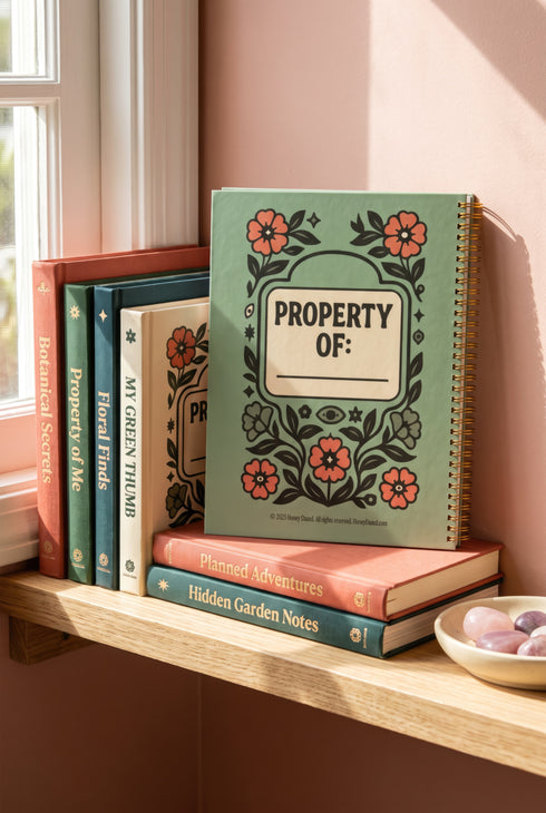 A sage green hardcover spiral planner for 2027-2028 with the title "The 2027 Planner of Controlled Chaos" in a funky, retro 70s-style font. The cover features a groovy illustration of orange and pink flowers in a vase, with one flower depicted as an eyeball. The text reads "Bloom where you're planted. Or just wilt artfully." and "Notes from the Void." The planner has a gold metal wire-o binding. The back cover shows a decorative floral frame with a "Property Of" section