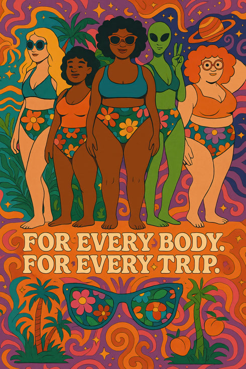 The image is a vibrant and colorful illustration featuring a diverse group of women in swimsuits, surrounded by tropical elements such as palm trees, flowers, and a planet. The text "FOR EVERY BODY. FOR EVERY TRIP." is prominently displayed, emphasizing the inclusive and adventurous nature of the scene.