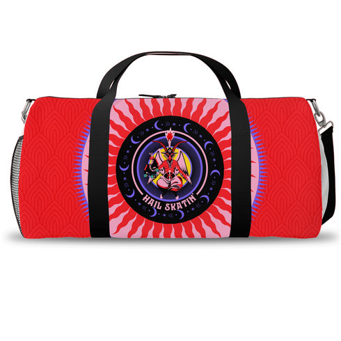 Red cylindrical roller skating duffle bag with black straps, featuring a prominent circular emblem with a colorful Baphomet design and "Hail Skatin" text. Includes mesh side pocket and adjustable padded shoulder strap.
