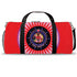 Red cylindrical roller skating duffle bag with black straps, featuring a prominent circular emblem with a colorful Baphomet design and "Hail Skatin" text. Includes mesh side pocket and adjustable padded shoulder strap.