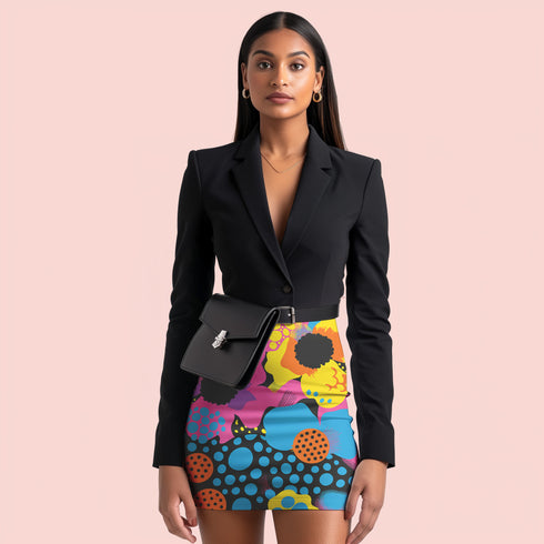A woman wearing a black blazer and a colorful printed skirt, with a black handbag on her hip.