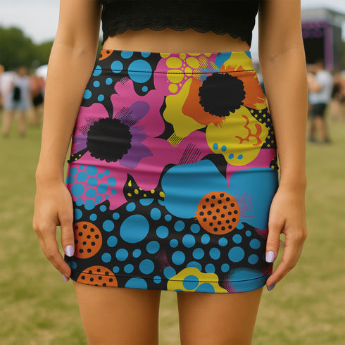 A woman wearing a colorful, patterned mini skirt stands in a grassy field.