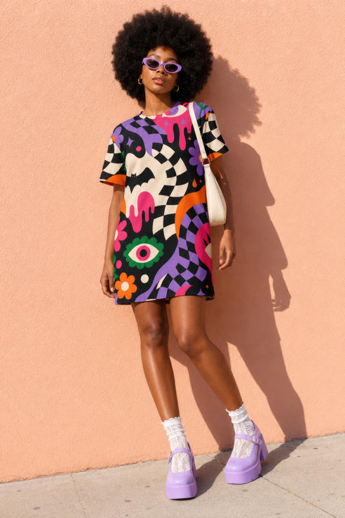 A short-sleeve, above-the-knee t-shirt dress with a relaxed, straight fit and a crew neckline. The dress features a vibrant, chaotic, all-over graphic print. The design includes sections of distorted, wavy black and cream checkerboard, mixed with bold, abstract shapes in bright purple, hot pink, and vivid orange. Scattered throughout the pattern are motifs of hot pink dripping slime, a black bat silhouette, a stylized green eye with a pink iris, and retro pink and purple daisy flowers.