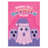 Holiday card with pink background featuring cartoon ghosts. Main ghost wears purple Santa hat. Text reads "WISHING YOU A HAUNTED HOLIDAY" in colorful, playful font. Overall cute and spooky design blending Halloween and Christmas themes. Inside message: "Eat, Drink, and Be Scary.
