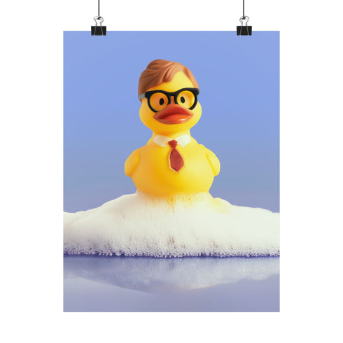 A humorous fine art print of a rubber duck modeled after Dwight Schrute, complete with glasses, mustard tie, and serious expression. Floating in soap suds, the print is framed above a retro bed with bold orange flower wallpaper and bright accent pillows.