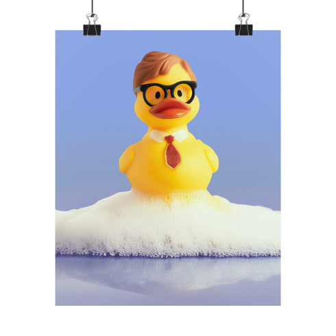 A humorous fine art print of a rubber duck modeled after Dwight Schrute, complete with glasses, mustard tie, and serious expression. Floating in soap suds, the print is framed above a retro bed with bold orange flower wallpaper and bright accent pillows.