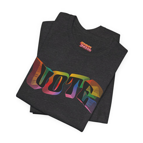 Election 2024 t-shirt with "VOTE" printed in large, colorful letters. Each letter features a different color from the rainbow spectrum, styled in a groovy 70s-inspired font.