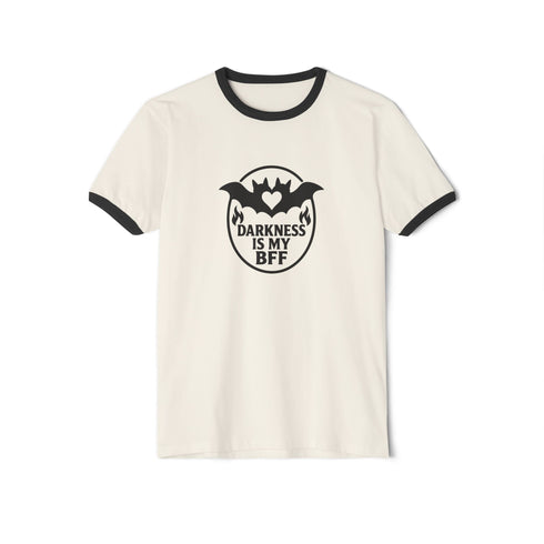 Unisex off-white and black ringer t-shirt with black bat and heart graphic and the phrase "Darkness Is My BFF" in bold gothic style, contrasting black ribbed collar and cuffs, vintage-inspired, available in sizes S-3XL, soft 100% cotton, alternative fashion, perfect goth gift.