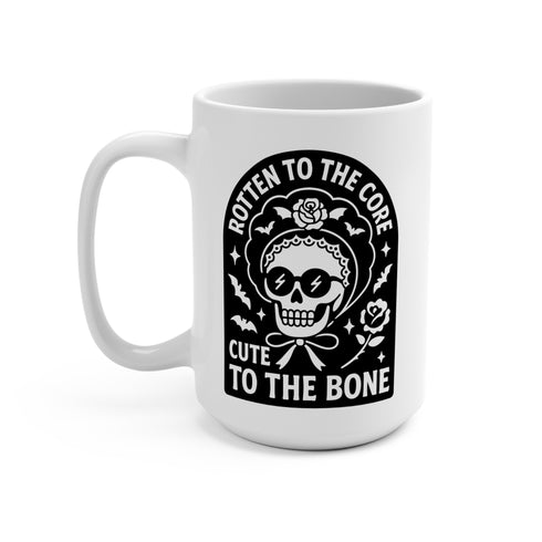 Gothic Rotten to the Core Skull Mug, 15oz Ceramic Pastel Goth Skeleton Coffee Cup with a macabre-cute skull design, perfect for gothic kitchenware enthusiasts and unique gift seekers.