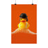 A fine art print of a rubber duck dressed like Alex from A Clockwork Orange, featuring a black bowler hat, blunt bob, and white suspenders. The duck floats in orange-tinged bubbles and is framed in white on a glossy pink tile bathroom shelf.