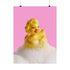 A fine art print of a glamorous rubber duck styled like Marilyn Monroe, with short curled blonde hair and soap bubbles. Displayed in a gold ornate frame against a pink wall with orange bead curtains.