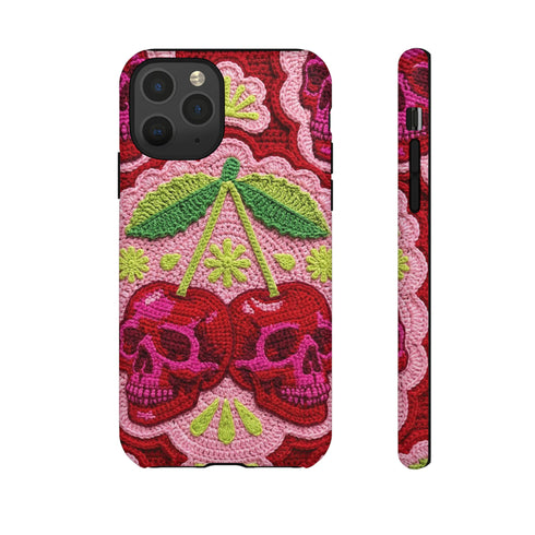 Faux Crochet Cherry Skull Phone Case | Pastel Goth Macabre Matte Cover