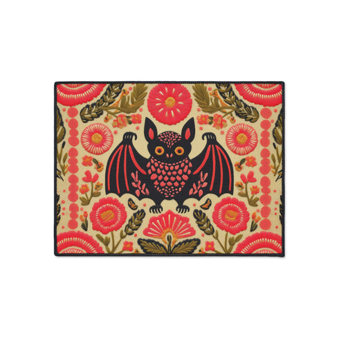 A rectangular beige doormat featuring a large, symmetrical folk art bat illustration in the center. The bat is black with coral red and mustard gold details that mimic the look of satin stitch embroidery. Surrounding the bat are stylized floral motifs in deep pink, coral, and olive green, arranged in a dense, decorative pattern. The texture visually resembles woven linen but is a smooth, flat print. The mat has a solid black trim border and is shown on a flat surface.