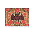 A rectangular beige doormat featuring a large, symmetrical folk art bat illustration in the center. The bat is black with coral red and mustard gold details that mimic the look of satin stitch embroidery. Surrounding the bat are stylized floral motifs in deep pink, coral, and olive green, arranged in a dense, decorative pattern. The texture visually resembles woven linen but is a smooth, flat print. The mat has a solid black trim border and is shown on a flat surface.