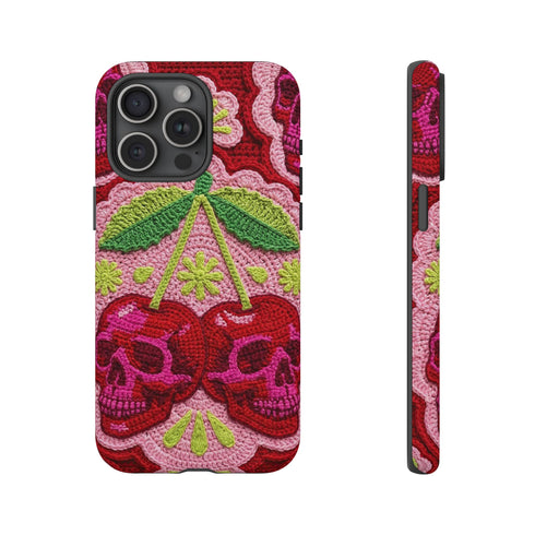 Faux Crochet Cherry Skull Phone Case | Pastel Goth Macabre Matte Cover