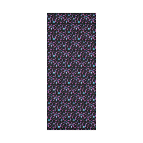 Spooky birthday wrapping paper with neon pink skulls, blue coffins, eyeballs, and bats on black background. Vibrant and gothic design for unique gift presentation.