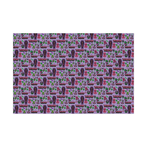 Vibrant purple wrapping paper with gothic-inspired design for 50th birthdays. Features colorful skulls wearing party hats, coffins, 'RIP 40s' tombstones, and 'Youth Dies Here' text. Perfect for edgy, humorous gifts to 50-year-olds.