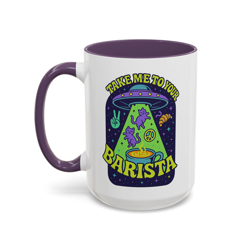 White ceramic coffee mug with a bright yellow handle and interior, featuring a printed alien abduction design with two purple cats, peace signs, and the phrase “Take Me to Your Barista” in green and purple text.