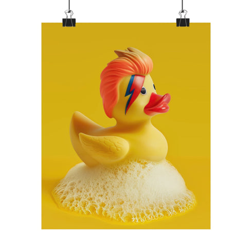 A retro-inspired print featuring a rubber duck styled after David Bowie’s Ziggy Stardust, complete with orange-red mullet and signature lightning bolt face paint. Surrounded by white bubbles, the piece is framed in soft purple and set on a wavy psychedelic wall in pink and orange.