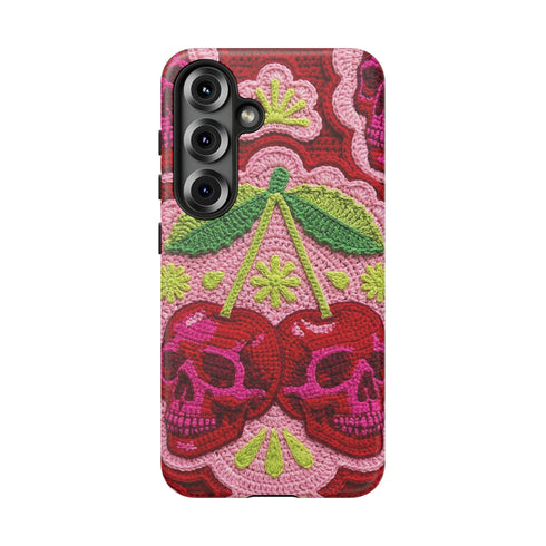 Faux Crochet Cherry Skull Phone Case | Pastel Goth Macabre Matte Cover
