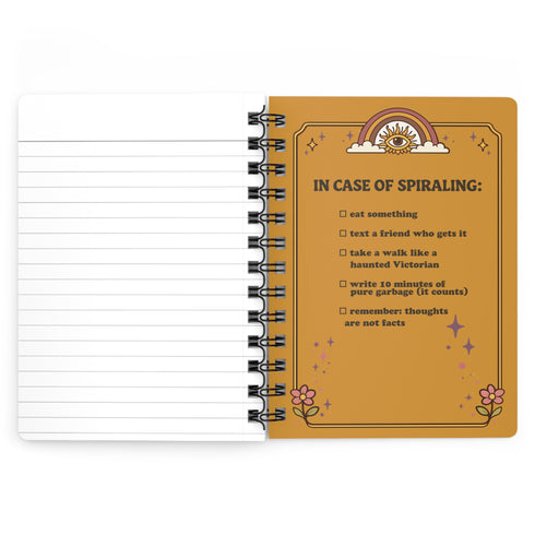 A glossy 5x7 inch spiral bound notebook featuring the phrase Inner Peace Outer Chaos in retro 70s typography. The cover showcases a vibrant psychedelic design on a mustard yellow background with a central trippy sun motif containing three mystical eyes. Below the sun, text reads Meditations, Mantras, and Meltdown Notes in bold black font. The journal has a durable black metal spiral binding and contains 150 lined pages for writing, shadow work, or daily planning.