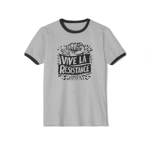 White and black ringer tee with a bold “Vive La Résistance” graphic, featuring a raised fist illustration and a vintage protest style.