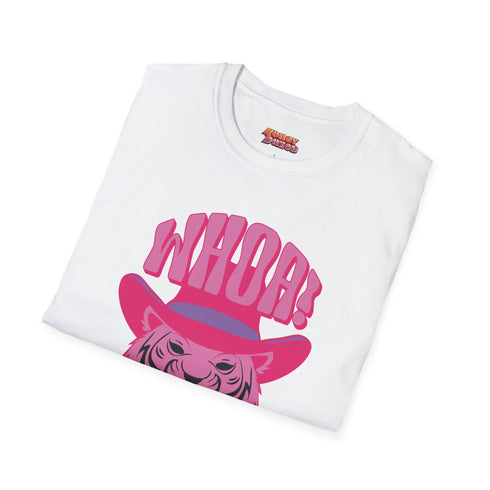 Unisex t-shirt featuring a pink tiger in purple hat and bandana, with "WHOA!" and "EASY TIGER!" text in bold retro style. Available in black and white, sizes S-3XL