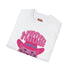 Unisex t-shirt featuring a pink tiger in purple hat and bandana, with "WHOA!" and "EASY TIGER!" text in bold retro style. Available in black and white, sizes S-3XL