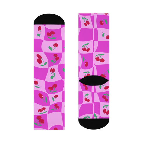 Pink and magenta checkerboard socks with cherry print. Retro-inspired design with a coquette aesthetic by Honey Dazed.