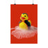 A spooky-yet-cute art print of a vampire-themed rubber duck dressed in a red-lined black cape and bowtie. Surrounded by white bath bubbles, the duck is framed in a red wavy-edged frame and held up against a burnt orange wall by a hand in a dramatic red sleeve.