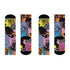 Colorful crew-length socks with a vibrant floral pop-art collage design, featuring abstract roses in yellow, lavender, pink, and orange tones, polka dots, and zebra stripes on a black background.