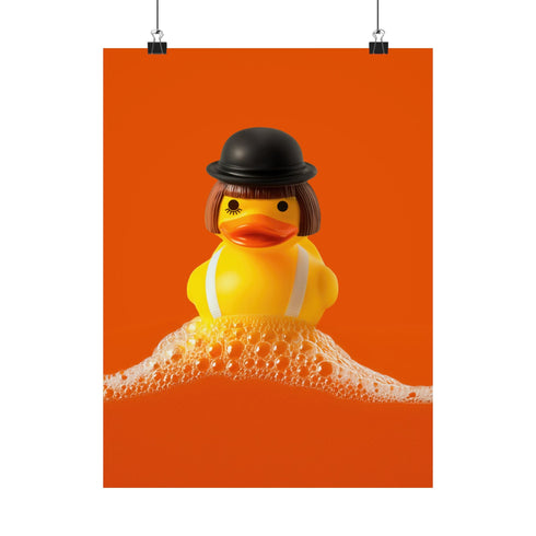 A fine art print of a rubber duck dressed like Alex from A Clockwork Orange, featuring a black bowler hat, blunt bob, and white suspenders. The duck floats in orange-tinged bubbles and is framed in white on a glossy pink tile bathroom shelf.