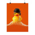 A fine art print of a rubber duck dressed like Alex from A Clockwork Orange, featuring a black bowler hat, blunt bob, and white suspenders. The duck floats in orange-tinged bubbles and is framed in white on a glossy pink tile bathroom shelf.