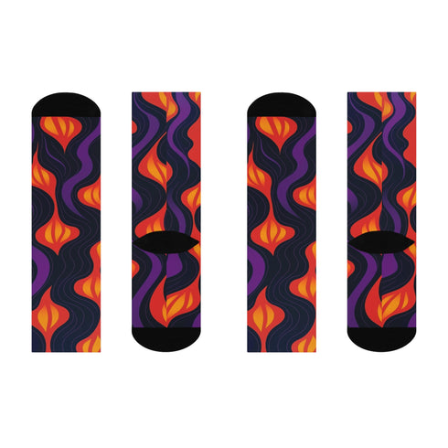 Black crew socks featuring a fiery red, orange, and purple lava-lamp-inspired wave pattern.