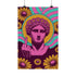 A rectangular wall art print featuring a bright pink classical statue bust centered on a dark burgundy background. The statue is raising a middle finger. Behind the head is a solid golden yellow halo and wavy retro rays in alternating teal and pink. It is surrounded by scattered vintage golden yellow daisy flowers with pink centers. The poster is printed on flat, high quality museum grade matte paper. This is the printed artwork only; a frame is not included. Ready for custom framing.