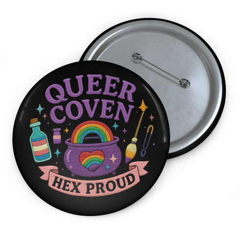 Glossy black pinback button with pastel artwork of a bubbling cauldron, rainbow, potion bottles, and tools. Text reads “Queer Coven, Hex Proud.”