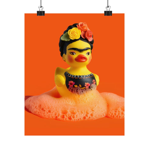 A vibrant fine art print of a rubber duck inspired by Frida Kahlo, complete with bold unibrow, floral crown, and traditional embroidered blouse. Framed in a red sculptural frame, the duck floats in orange-tinted bubbles against a deep orange backdrop and violet wall.