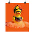A vibrant fine art print of a rubber duck inspired by Frida Kahlo, complete with bold unibrow, floral crown, and traditional embroidered blouse. Framed in a red sculptural frame, the duck floats in orange-tinted bubbles against a deep orange backdrop and violet wall.