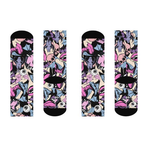 Freaky-fabulous socks sprawled on pink. Bats, skulls, and eyeballs galore. Punk rock meets Dracula's yard sale. Slip these on and let your feet do the screaming.