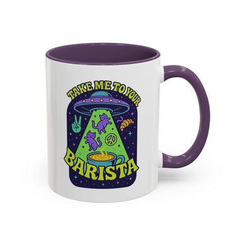 White ceramic coffee mug with a bright yellow handle and interior, featuring a printed alien abduction design with two purple cats, peace signs, and the phrase “Take Me to Your Barista” in green and purple text.