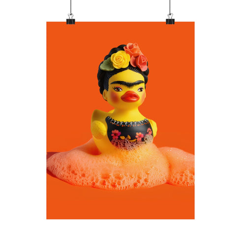 A vibrant fine art print of a rubber duck inspired by Frida Kahlo, complete with bold unibrow, floral crown, and traditional embroidered blouse. Framed in a red sculptural frame, the duck floats in orange-tinted bubbles against a deep orange backdrop and violet wall.