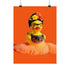A vibrant fine art print of a rubber duck inspired by Frida Kahlo, complete with bold unibrow, floral crown, and traditional embroidered blouse. Framed in a red sculptural frame, the duck floats in orange-tinted bubbles against a deep orange backdrop and violet wall.