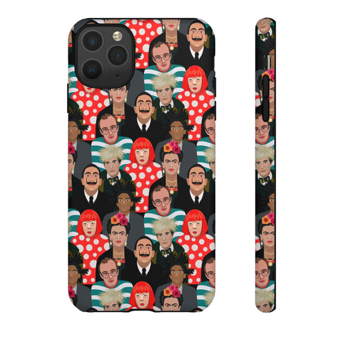 Stylish phone case with a colorful collage of iconic artists including Frida Kahlo, Warhol, Dali, and Keith Haring. Vibrant pop art design features stylized portraits on a dark background, perfect for art lovers.
