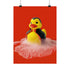 A spooky-yet-cute art print of a vampire-themed rubber duck dressed in a red-lined black cape and bowtie. Surrounded by white bath bubbles, the duck is framed in a red wavy-edged frame and held up against a burnt orange wall by a hand in a dramatic red sleeve.