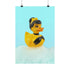 A chic rubber duck styled like Audrey Hepburn’s Holly Golightly, wearing a high bun, yellow bow, black gloves, and a sparkly choker. The duck floats in a pile of foam and is framed in white on a bubbly bathroom shelf with a red tile backdrop and soap dispenser.