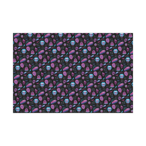 Spooky birthday wrapping paper with neon pink skulls, blue coffins, eyeballs, and bats on black background. Vibrant and gothic design for unique gift presentation.